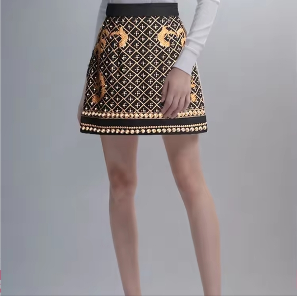 Colorblock Printing Mini Skirt For Women High Waist Patchwork Pearls Elegant - Picture 2 of 7